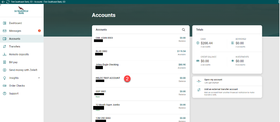 Accounts screen in online banking