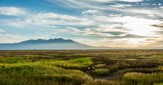 Looking off into the horizon at a mountain range